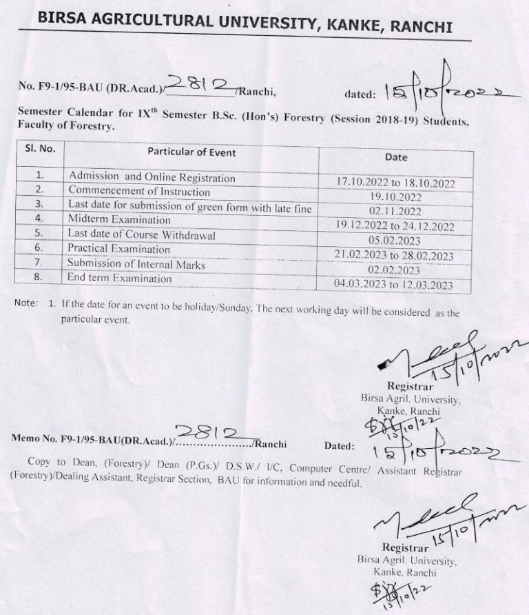 Semester Calendar For IXth Semester B Sc Hons Forestry Session