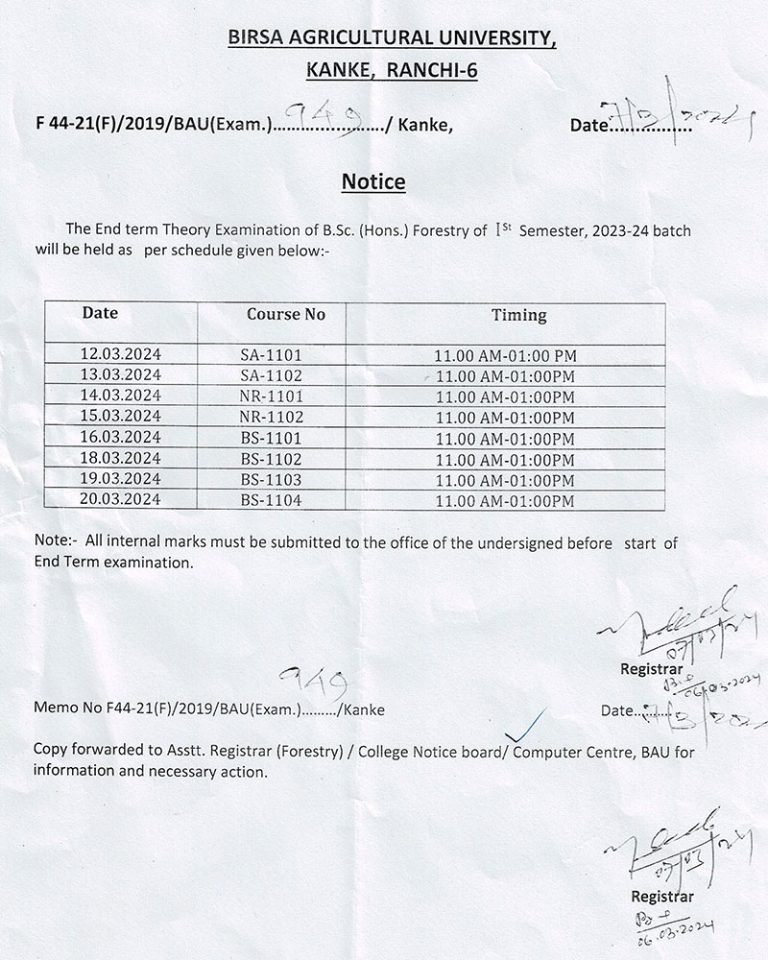 Notice For Schedule Of End Term Theory Examination Of B Sc Hons